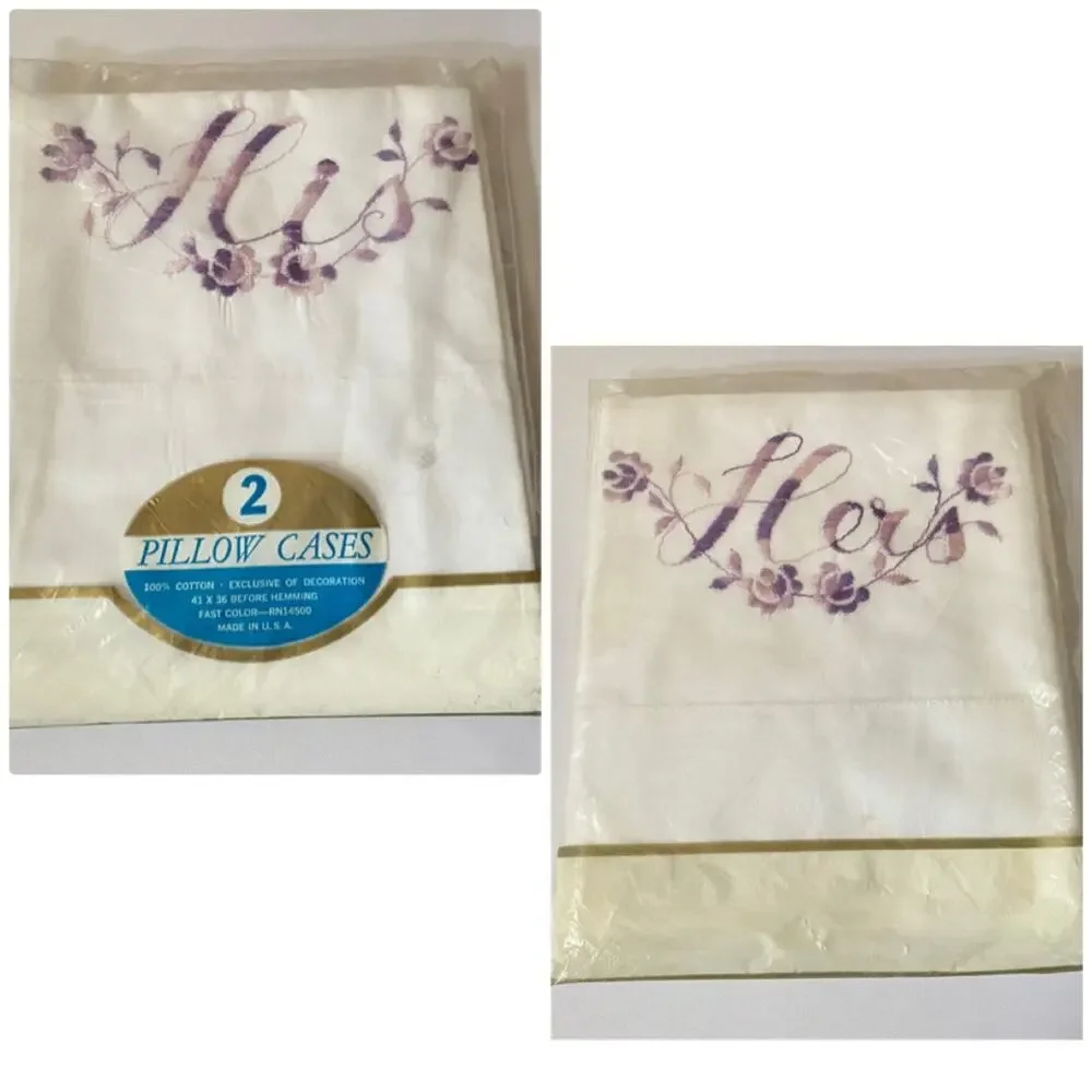 Vtg His Hers Pillowcases Set 2 Purple Floral Embroidery Cotton NIP Cottagecore